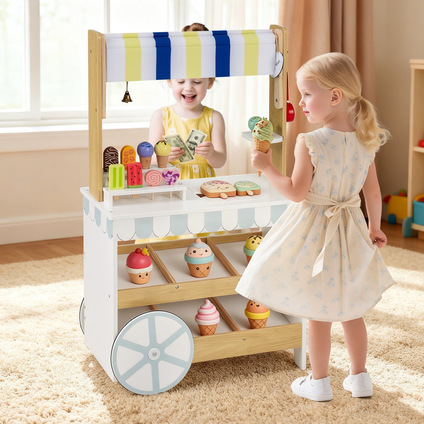 Wooden Ice Cream Cart for Kids 2-in-1 Grocery Store Playset with Display Shelves, White Play Kitchen Sets at Gallery Canada