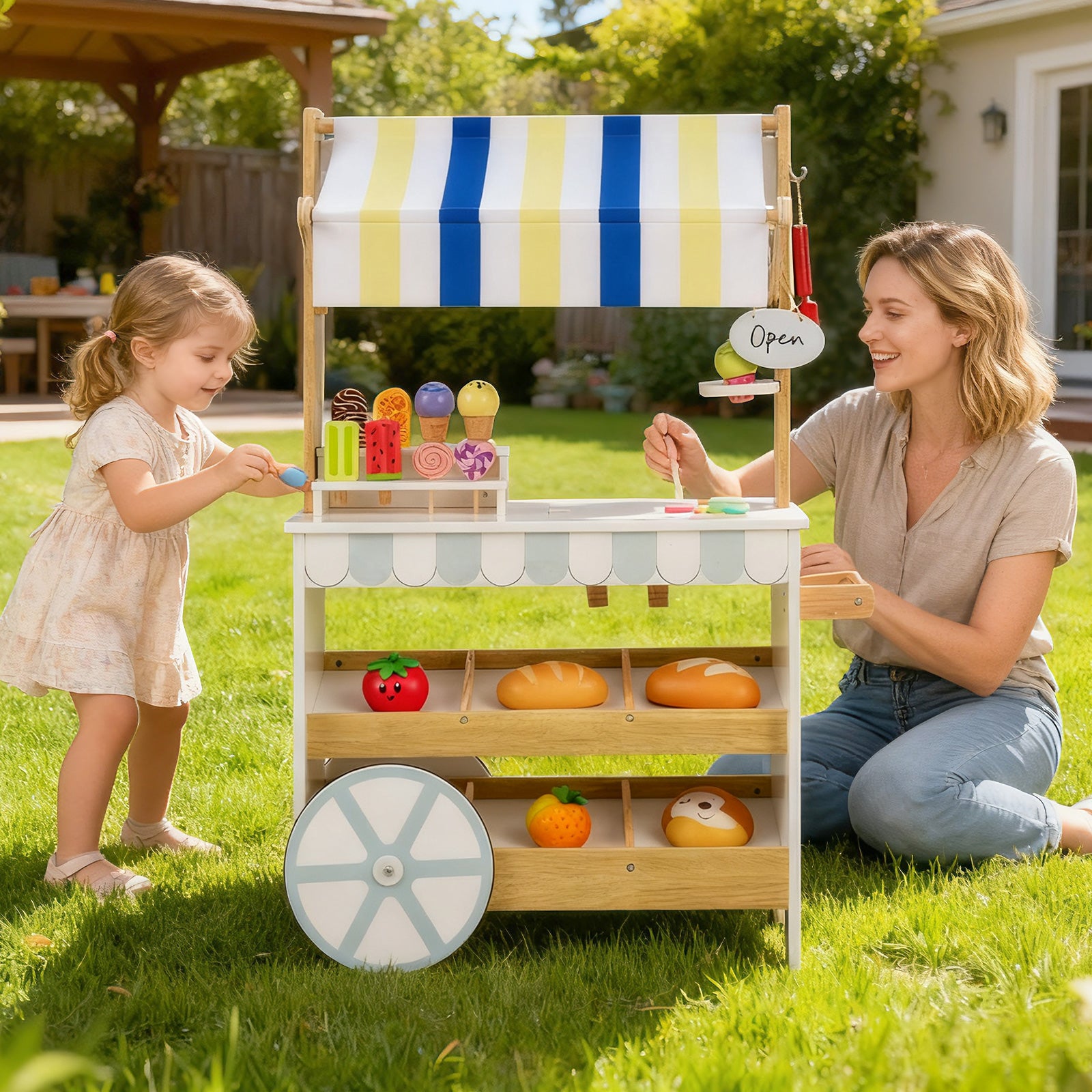 Wooden Ice Cream Cart for Kids 2-in-1 Grocery Store Playset with Display Shelves, White Play Kitchen Sets at Gallery Canada