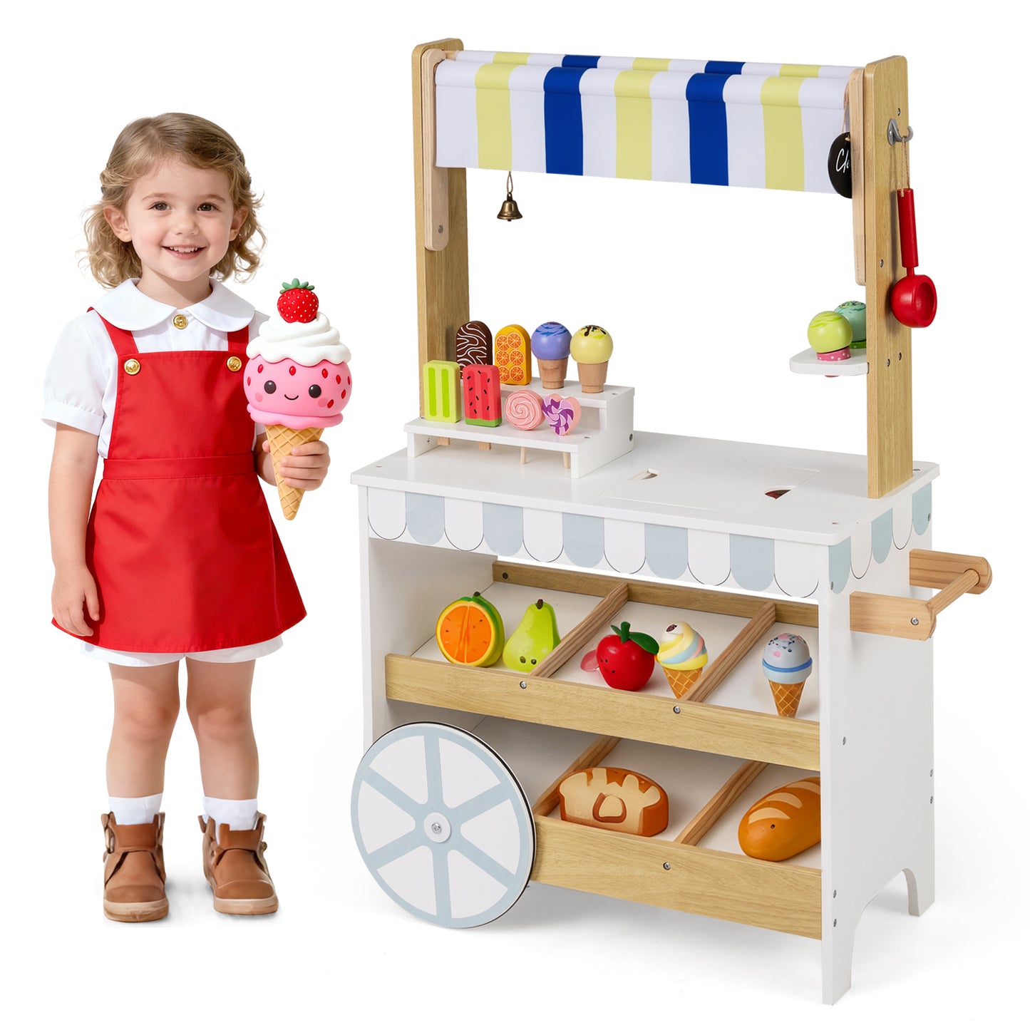 Wooden Ice Cream Cart for Kids 2-in-1 Grocery Store Playset with Display Shelves, White Play Kitchen Sets White at Gallery Canada