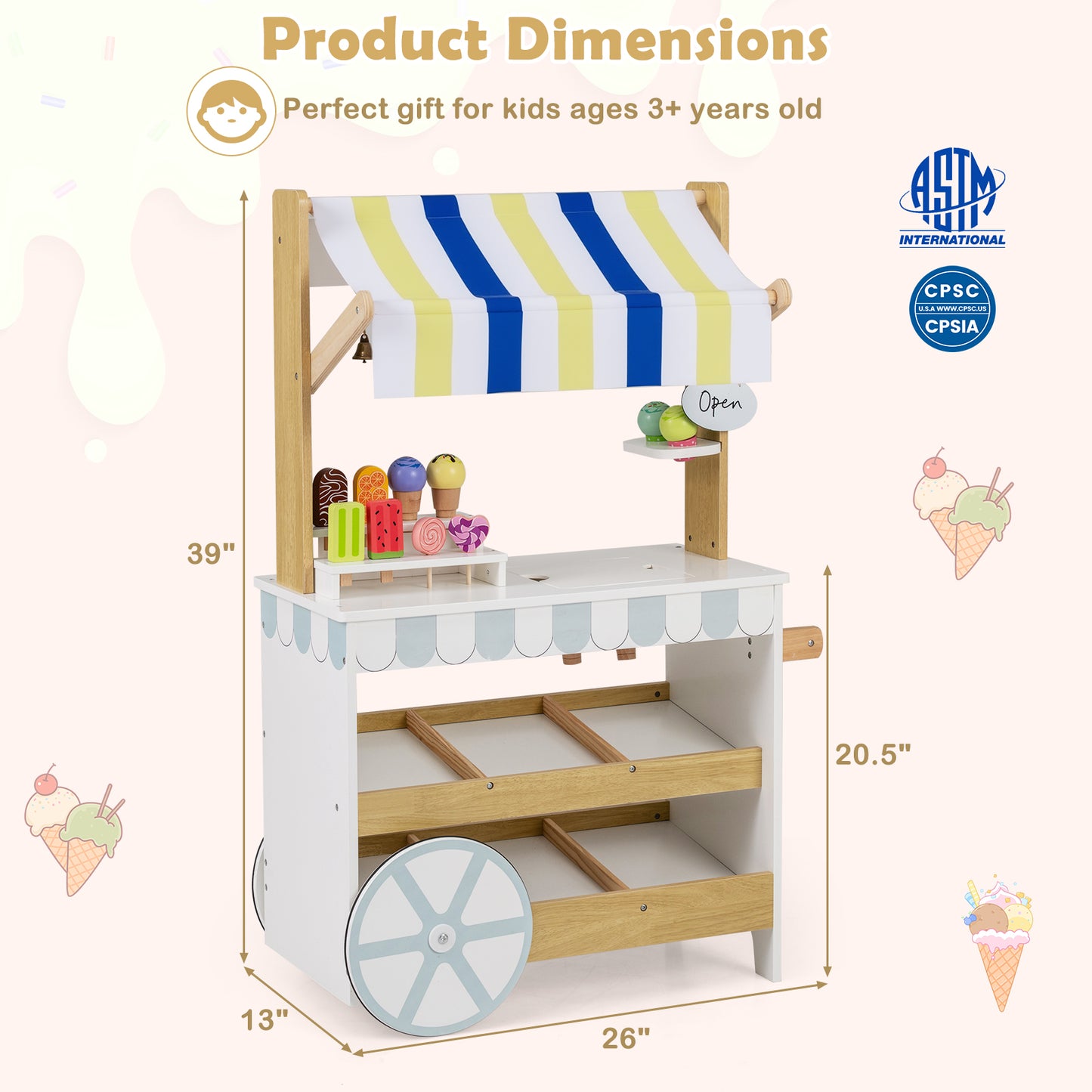 Wooden Ice Cream Cart for Kids 2-in-1 Grocery Store Playset with Display Shelves, White Play Kitchen Sets at Gallery Canada