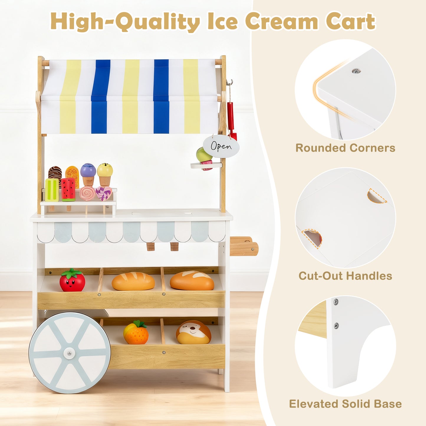 Wooden Ice Cream Cart for Kids 2-in-1 Grocery Store Playset with Display Shelves, White Play Kitchen Sets at Gallery Canada