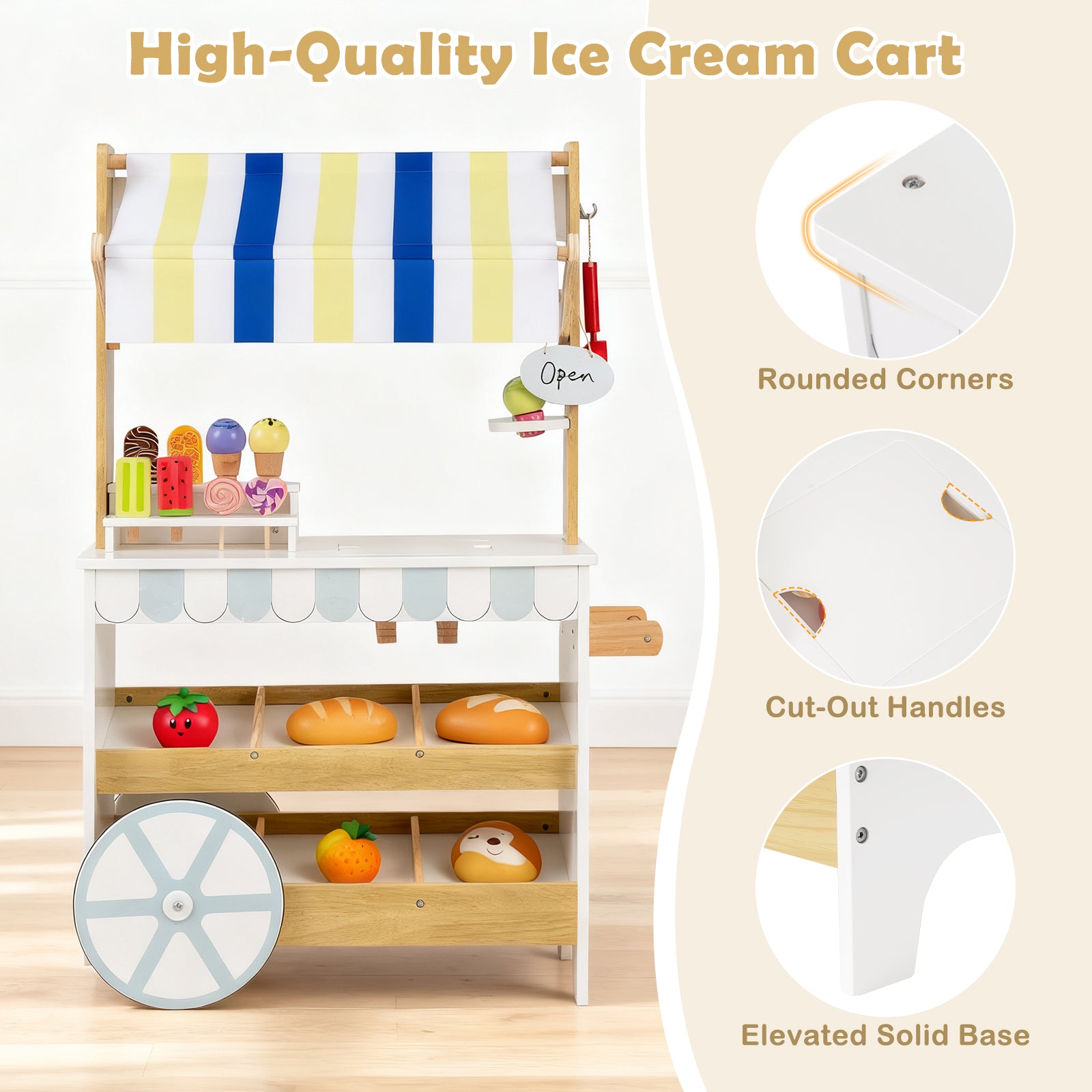 Wooden Ice Cream Cart for Kids 2-in-1 Grocery Store Playset with Display Shelves, White Play Kitchen Sets at Gallery Canada