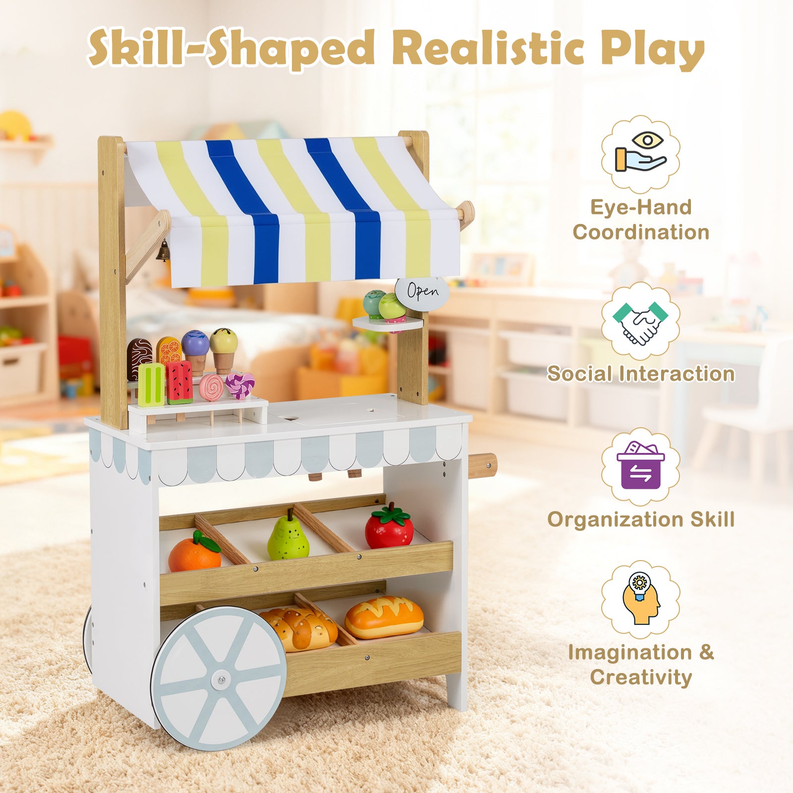 Wooden Ice Cream Cart for Kids 2-in-1 Grocery Store Playset with Display Shelves, White Play Kitchen Sets at Gallery Canada