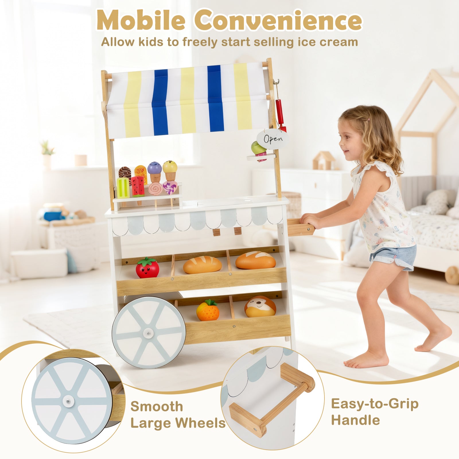 Wooden Ice Cream Cart for Kids 2-in-1 Grocery Store Playset with Display Shelves, White Play Kitchen Sets at Gallery Canada