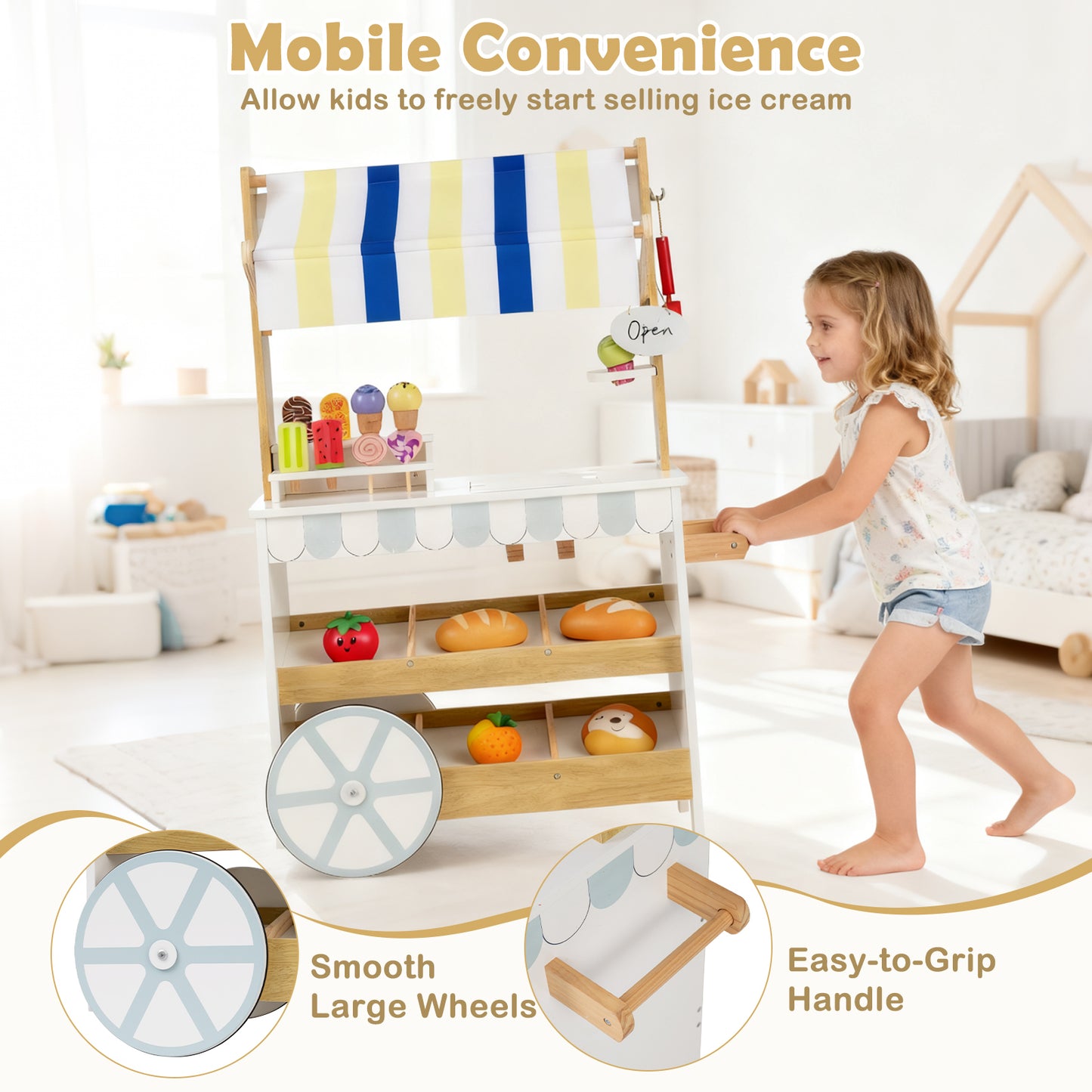 Wooden Ice Cream Cart for Kids 2-in-1 Grocery Store Playset with Display Shelves, White Play Kitchen Sets at Gallery Canada