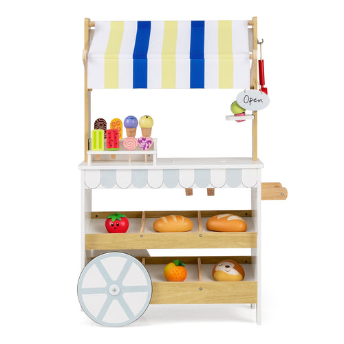 Wooden Ice Cream Cart for Kids 2-in-1 Grocery Store Playset with Display Shelves, White