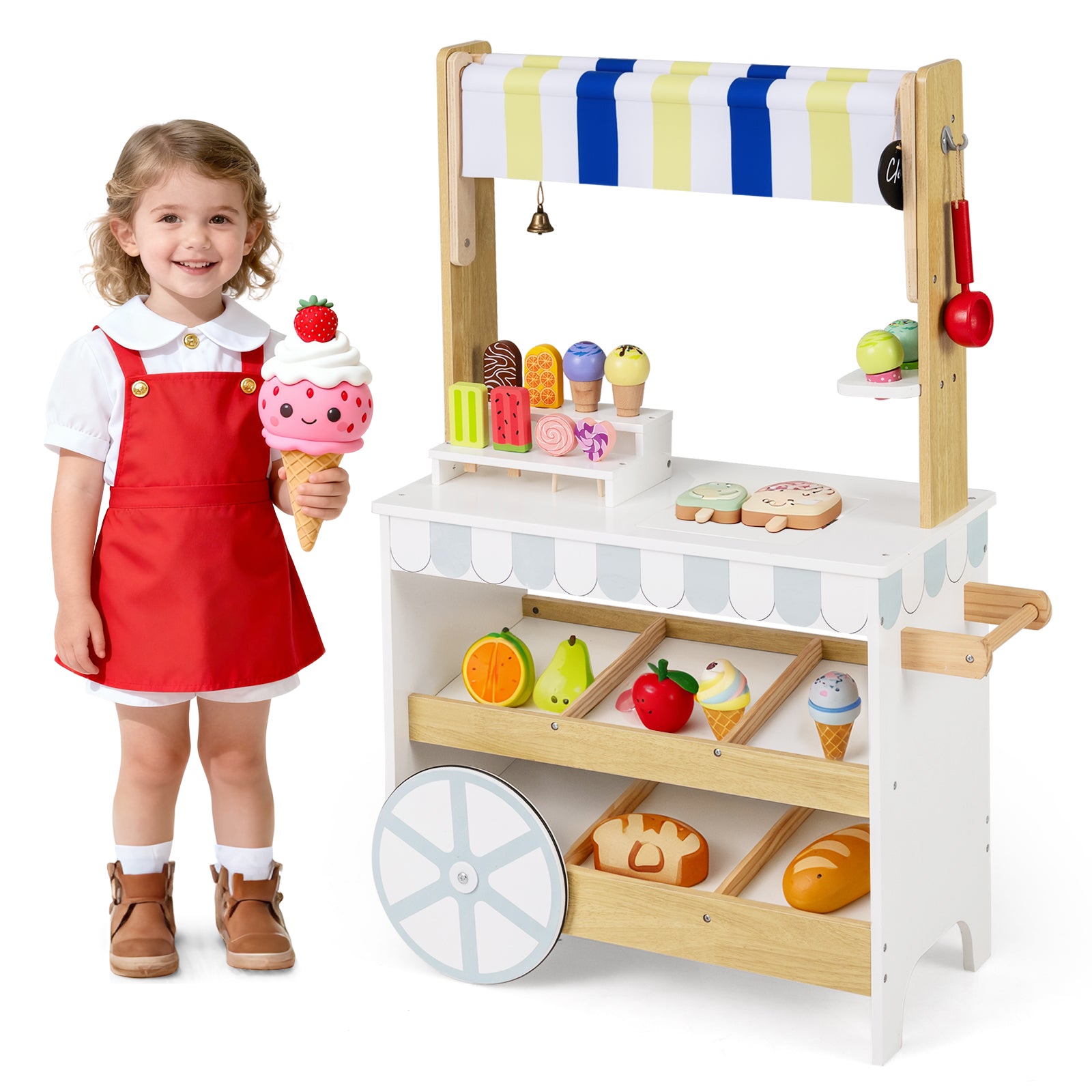 Wooden Ice Cream Cart for Kids 2-in-1 Grocery Store Playset with Display Shelves, White Play Kitchen Sets at Gallery Canada