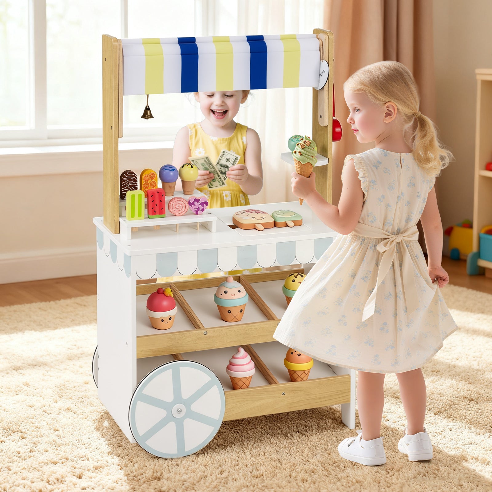 Wooden Ice Cream Cart for Kids 2-in-1 Grocery Store Playset with Display Shelves, White Play Kitchen Sets at Gallery Canada