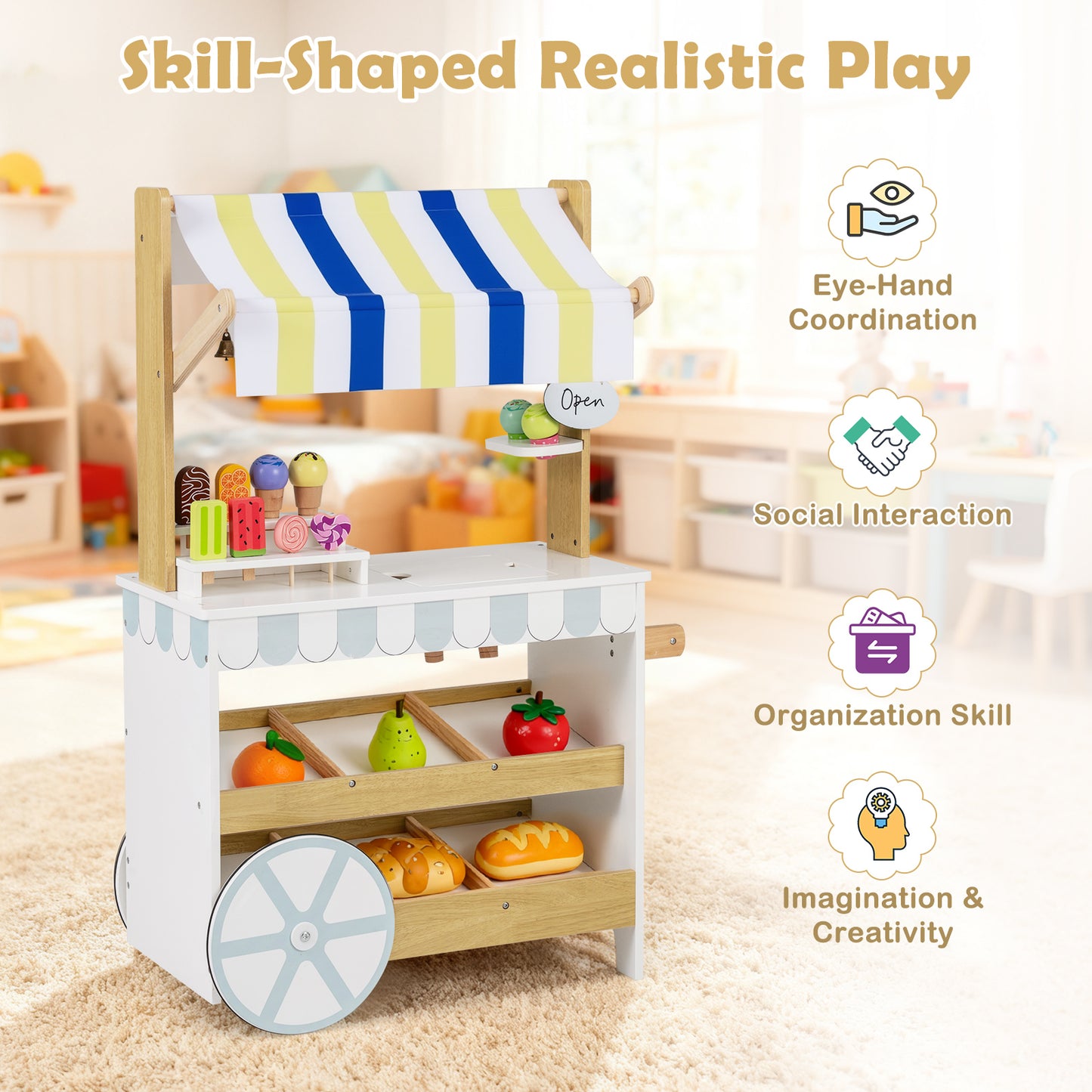 Wooden Ice Cream Cart for Kids 2-in-1 Grocery Store Playset with Display Shelves, White Play Kitchen Sets at Gallery Canada