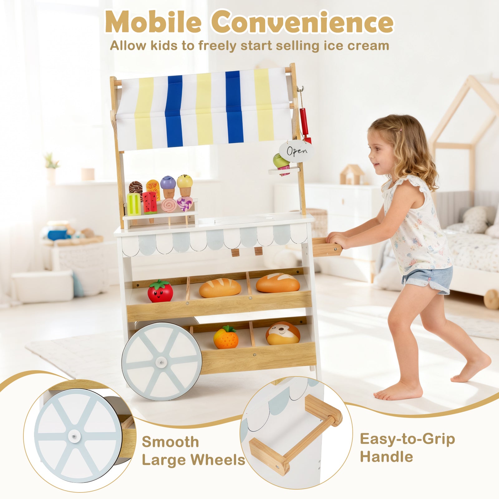 Wooden Ice Cream Cart for Kids 2-in-1 Grocery Store Playset with Display Shelves, White Play Kitchen Sets at Gallery Canada