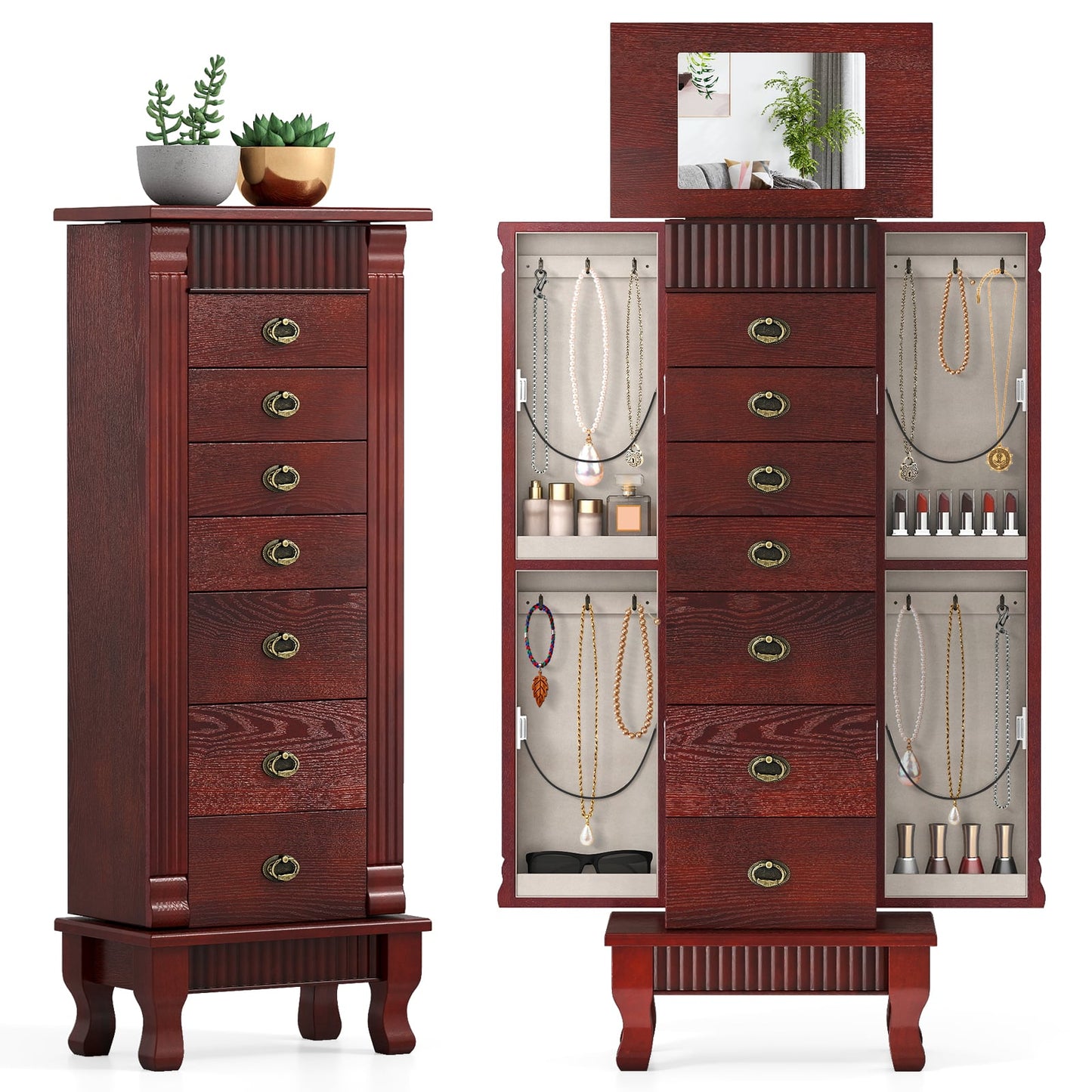 Wooden Jewelry Armoire Cabinet Storage Chest with Drawers and Swing Doors, Brown