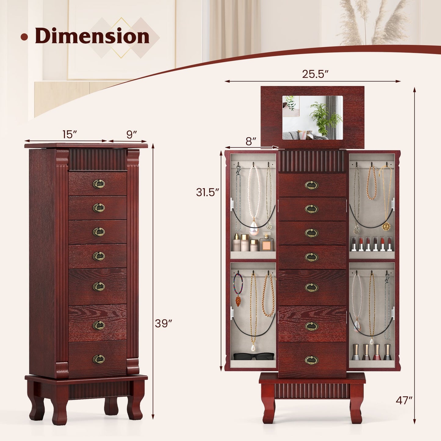 Wooden Jewelry Armoire Cabinet Storage Chest with Drawers and Swing Doors, Brown