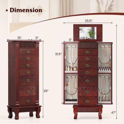 Wooden Jewelry Armoire Cabinet Storage Chest with Drawers and Swing Doors, Brown