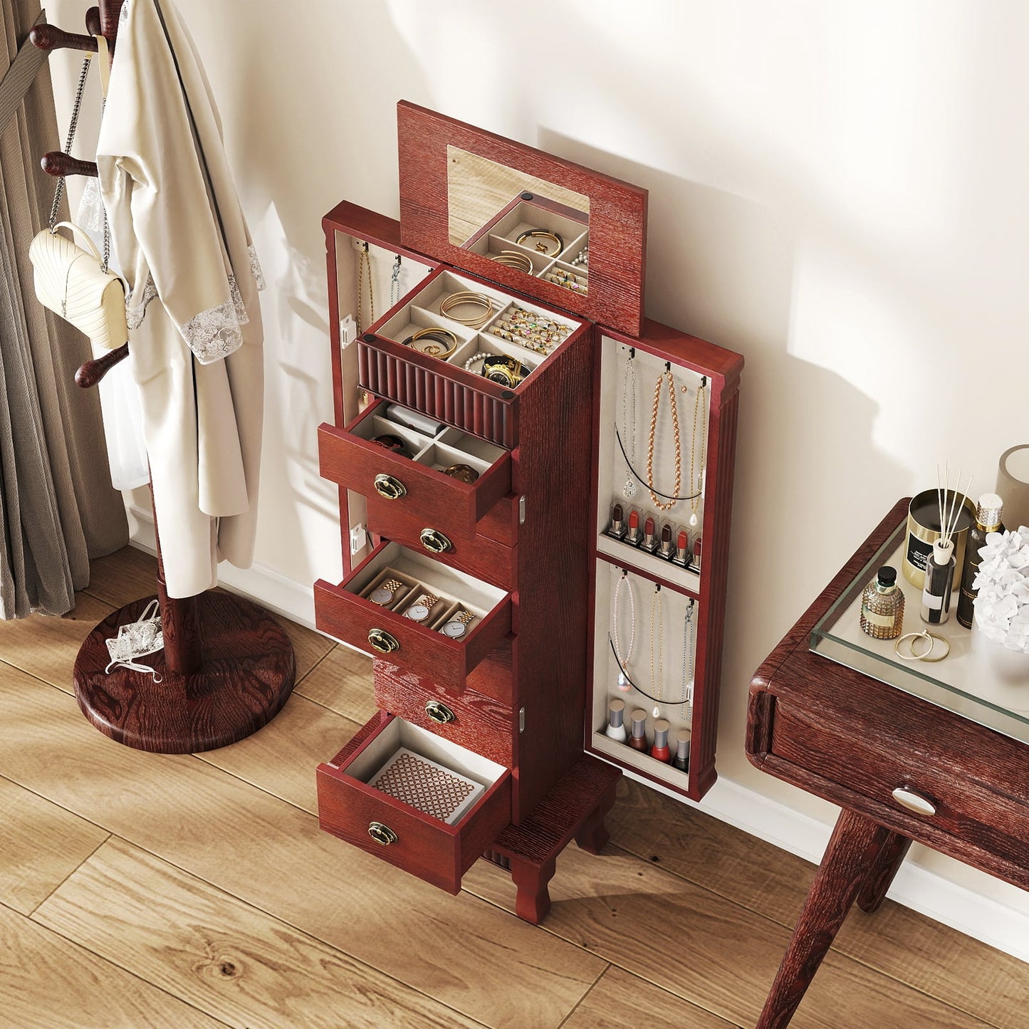 Wooden Jewelry Armoire Cabinet Storage Chest with Drawers and Swing Doors, Brown