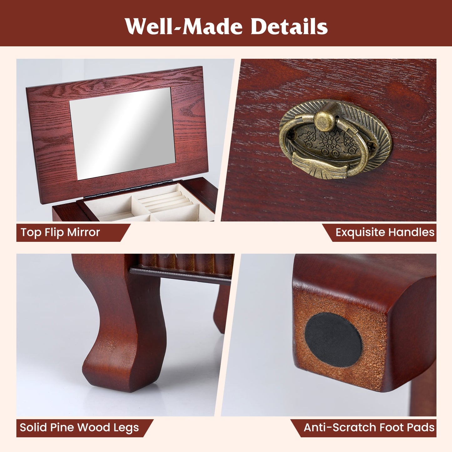 Wooden Jewelry Armoire Cabinet Storage Chest with Drawers and Swing Doors, Brown