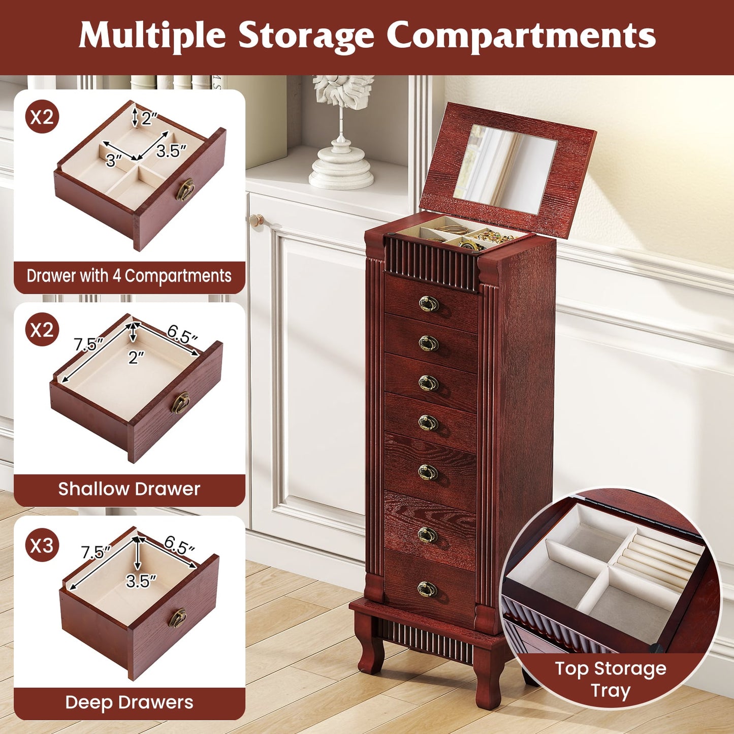 Wooden Jewelry Armoire Cabinet Storage Chest with Drawers and Swing Doors, Brown