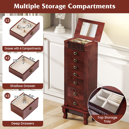 Wooden Jewelry Armoire Cabinet Storage Chest with Drawers and Swing Doors, Brown
