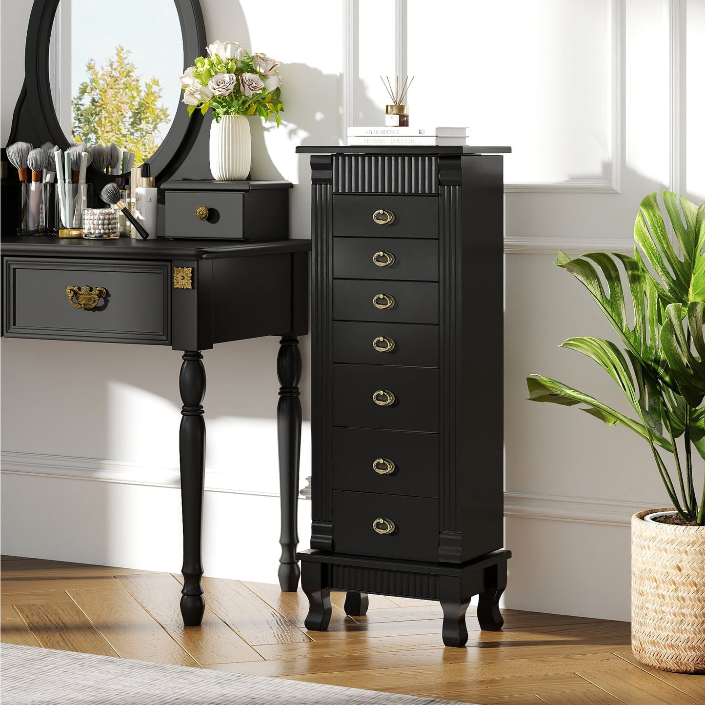 Wooden Jewelry Armoire Cabinet Storage Chest with Drawers and Swing Doors, Black