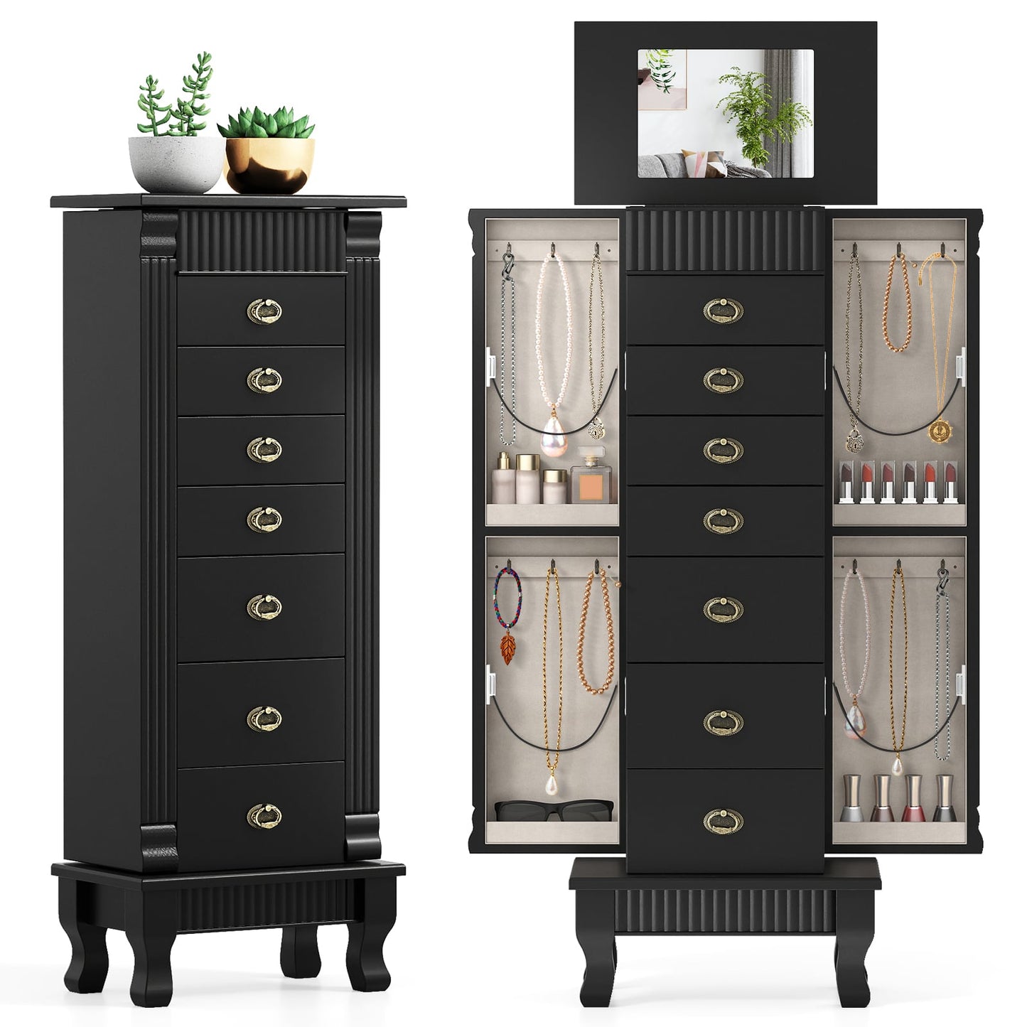 Wooden Jewelry Armoire Cabinet Storage Chest with Drawers and Swing Doors, Black