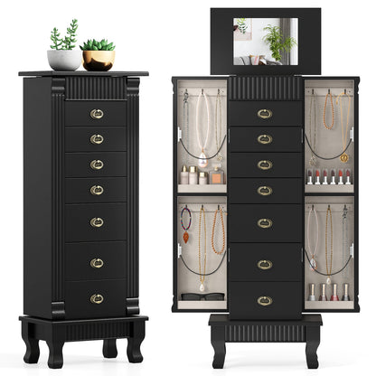 Wooden Jewelry Armoire Cabinet Storage Chest with Drawers and Swing Doors, Black