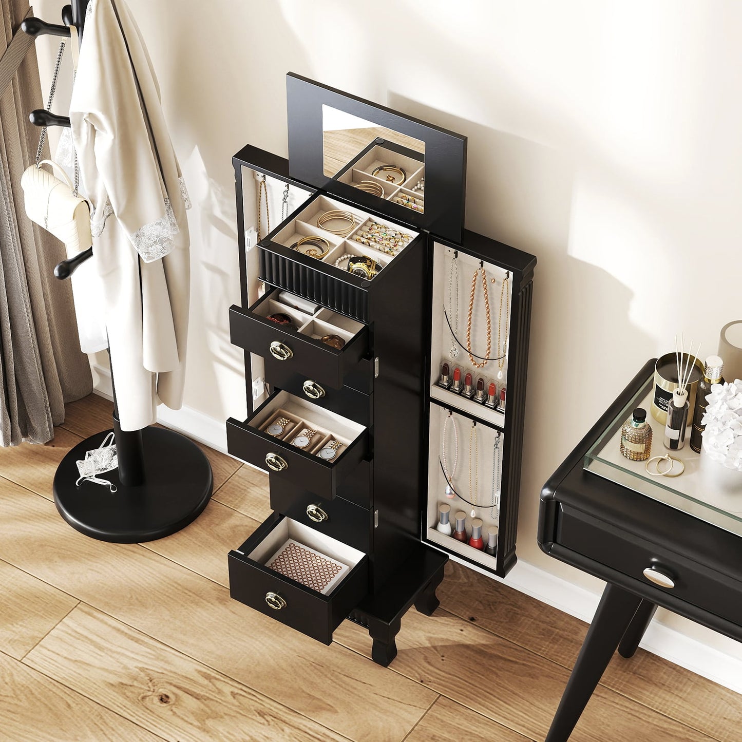 Wooden Jewelry Armoire Cabinet Storage Chest with Drawers and Swing Doors, Black