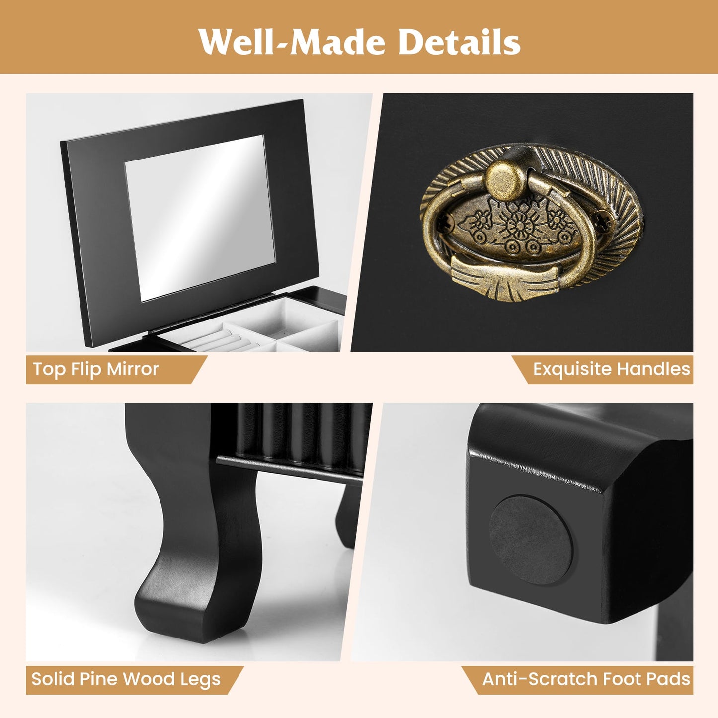 Wooden Jewelry Armoire Cabinet Storage Chest with Drawers and Swing Doors, Black