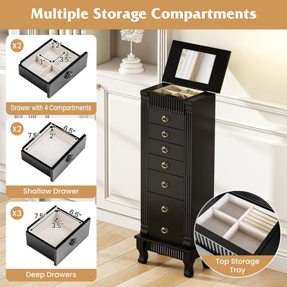 Wooden Jewelry Armoire Cabinet Storage Chest with Drawers and Swing Doors, Black