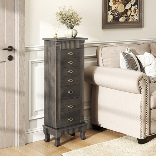 Wooden Jewelry Armoire Cabinet Storage Chest with Drawers and Swing Doors, Gray