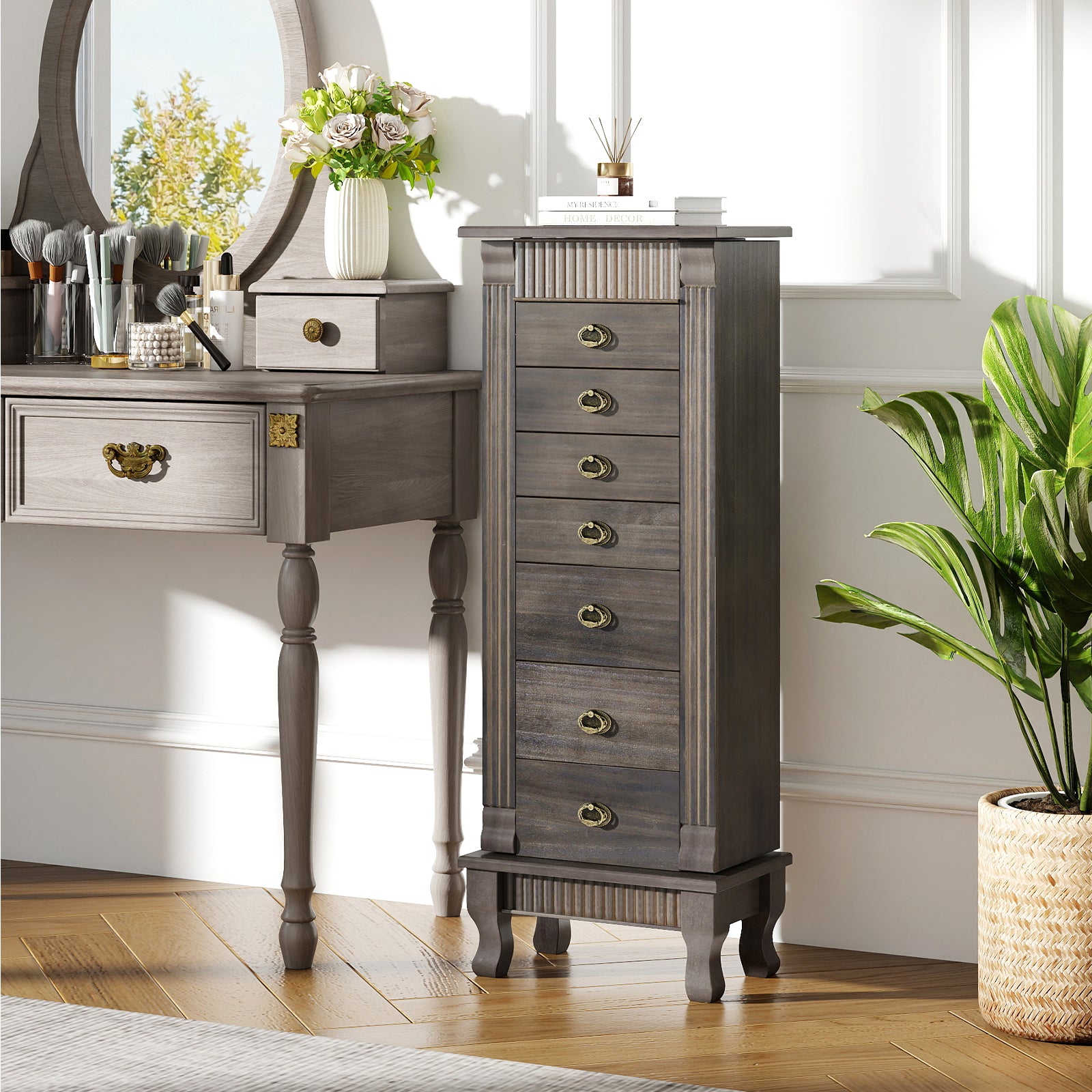 Wooden Jewelry Armoire Cabinet Storage Chest with Drawers and Swing Doors, Gray Jewelry Armoires at Gallery Canada