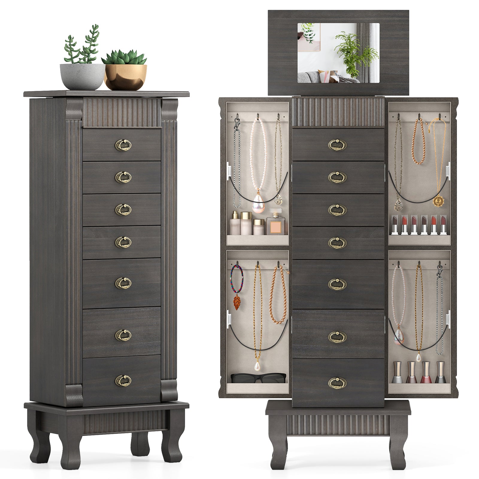 Wooden Jewelry Armoire Cabinet Storage Chest with Drawers and Swing Doors, Gray Jewelry Armoires at Gallery Canada