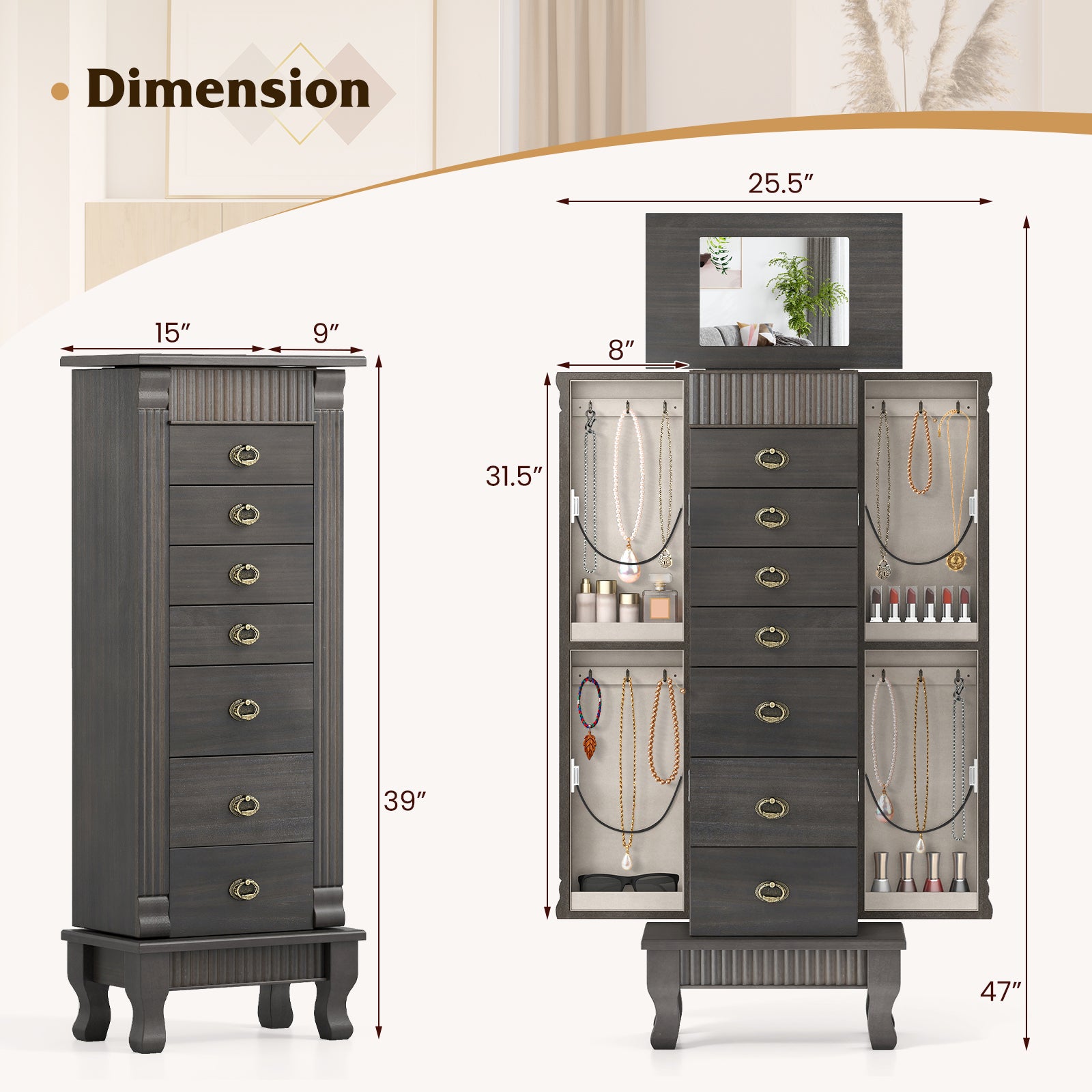 Wooden Jewelry Armoire Cabinet Storage Chest with Drawers and Swing Doors, Gray Jewelry Armoires at Gallery Canada