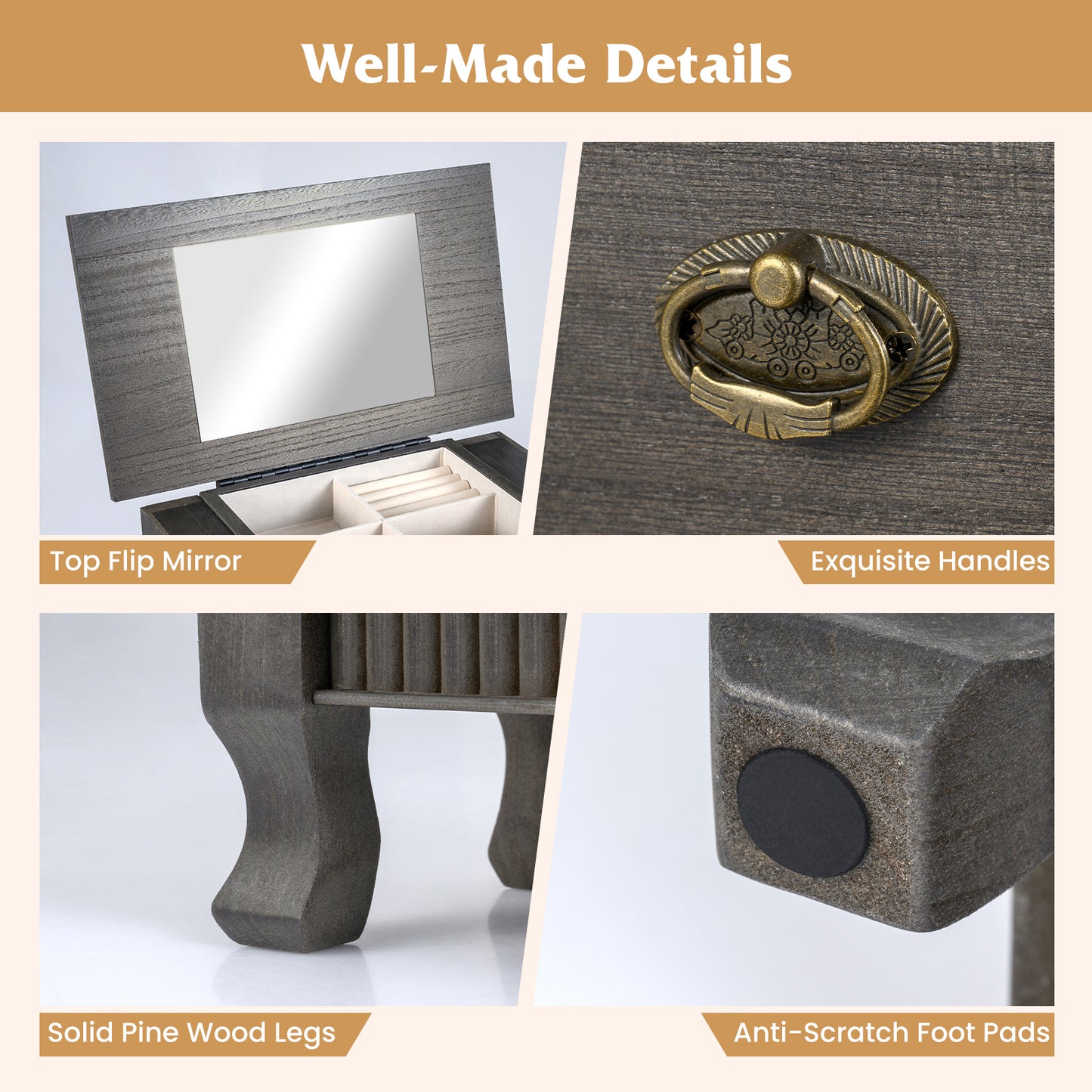 Wooden Jewelry Armoire Cabinet Storage Chest with Drawers and Swing Doors, Gray Jewelry Armoires at Gallery Canada