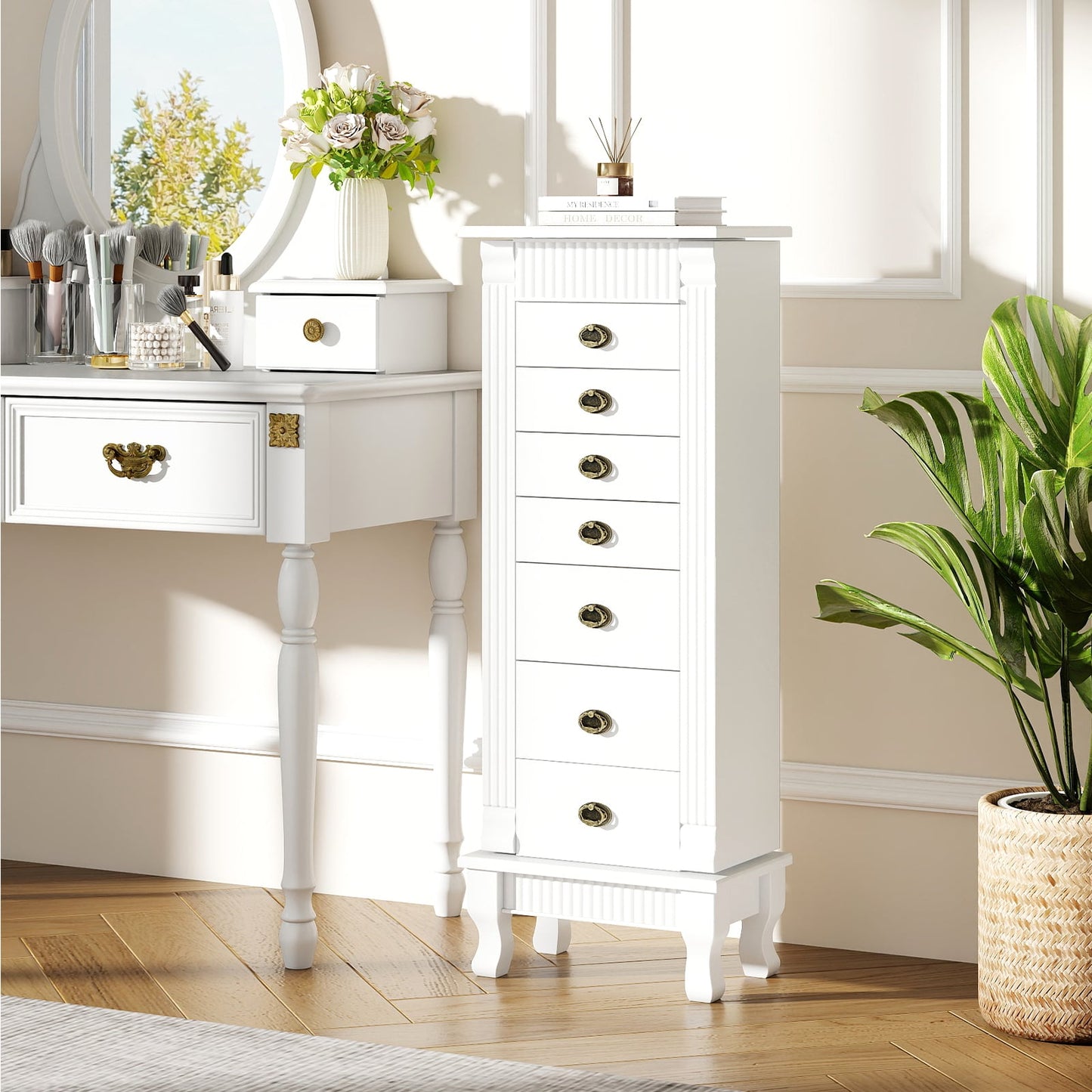 Wooden Jewelry Armoire Cabinet Storage Chest with Drawers and Swing Doors, White