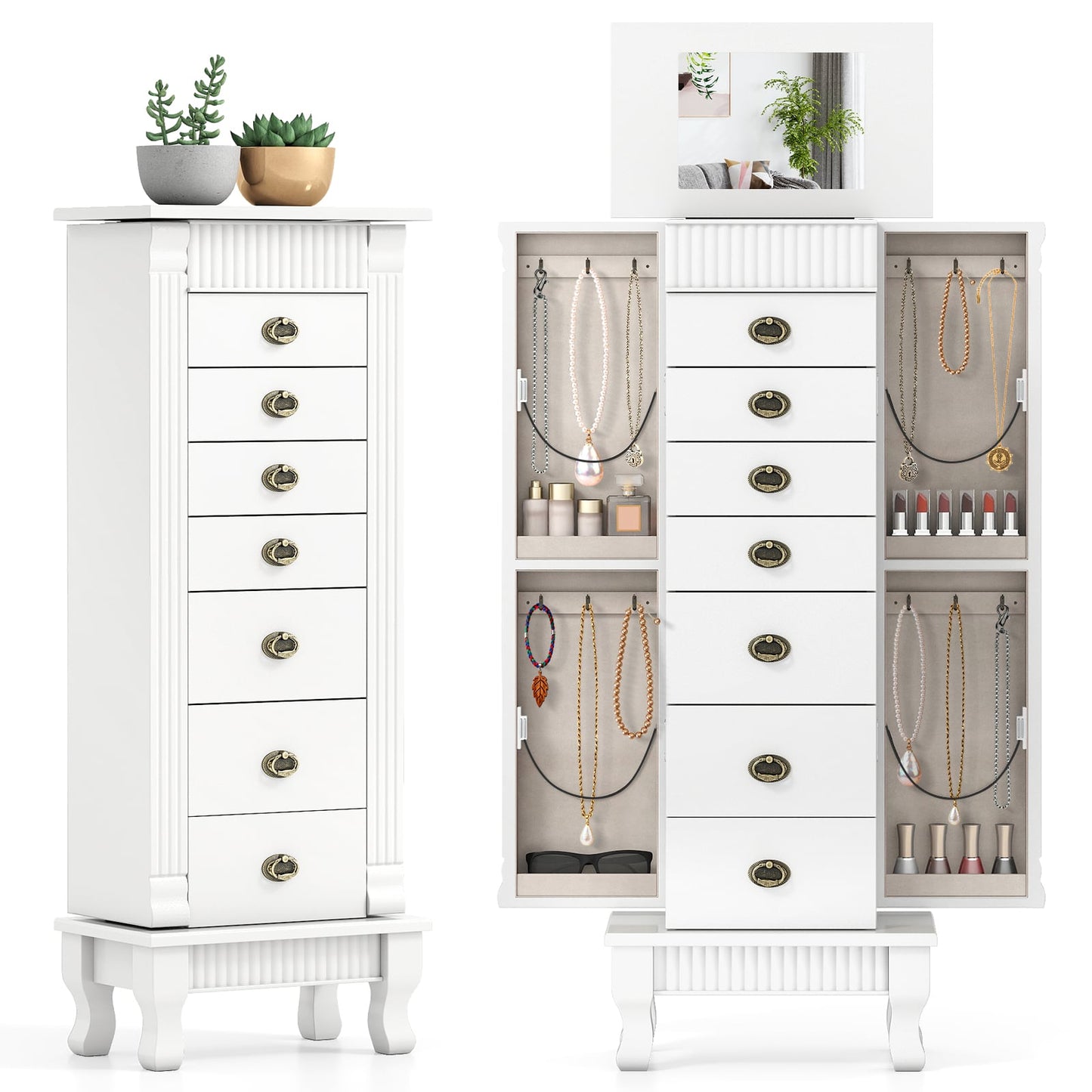 Wooden Jewelry Armoire Cabinet Storage Chest with Drawers and Swing Doors, White