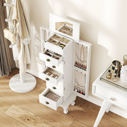 Wooden Jewelry Armoire Cabinet Storage Chest with Drawers and Swing Doors, White