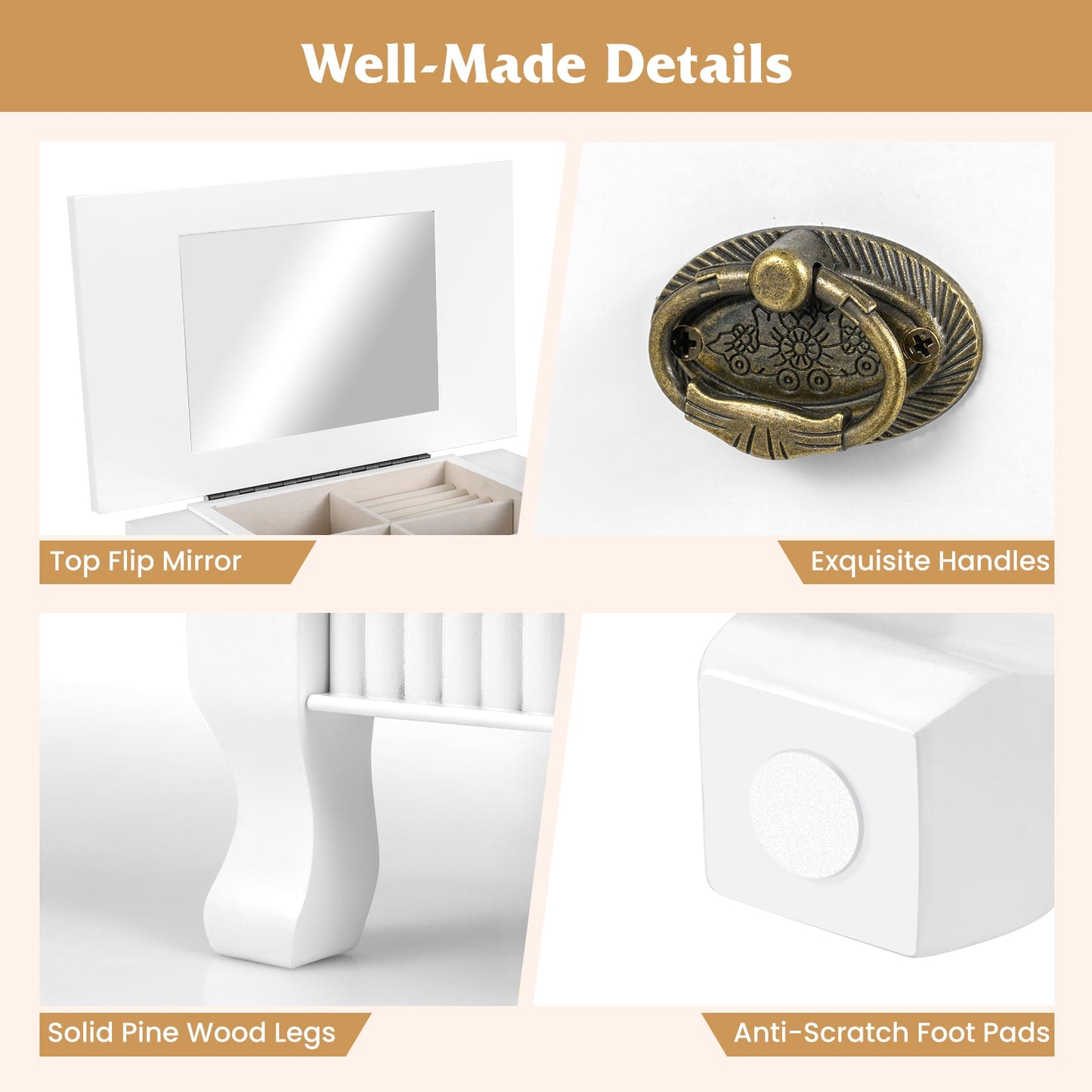 Wooden Jewelry Armoire Cabinet Storage Chest with Drawers and Swing Doors, White