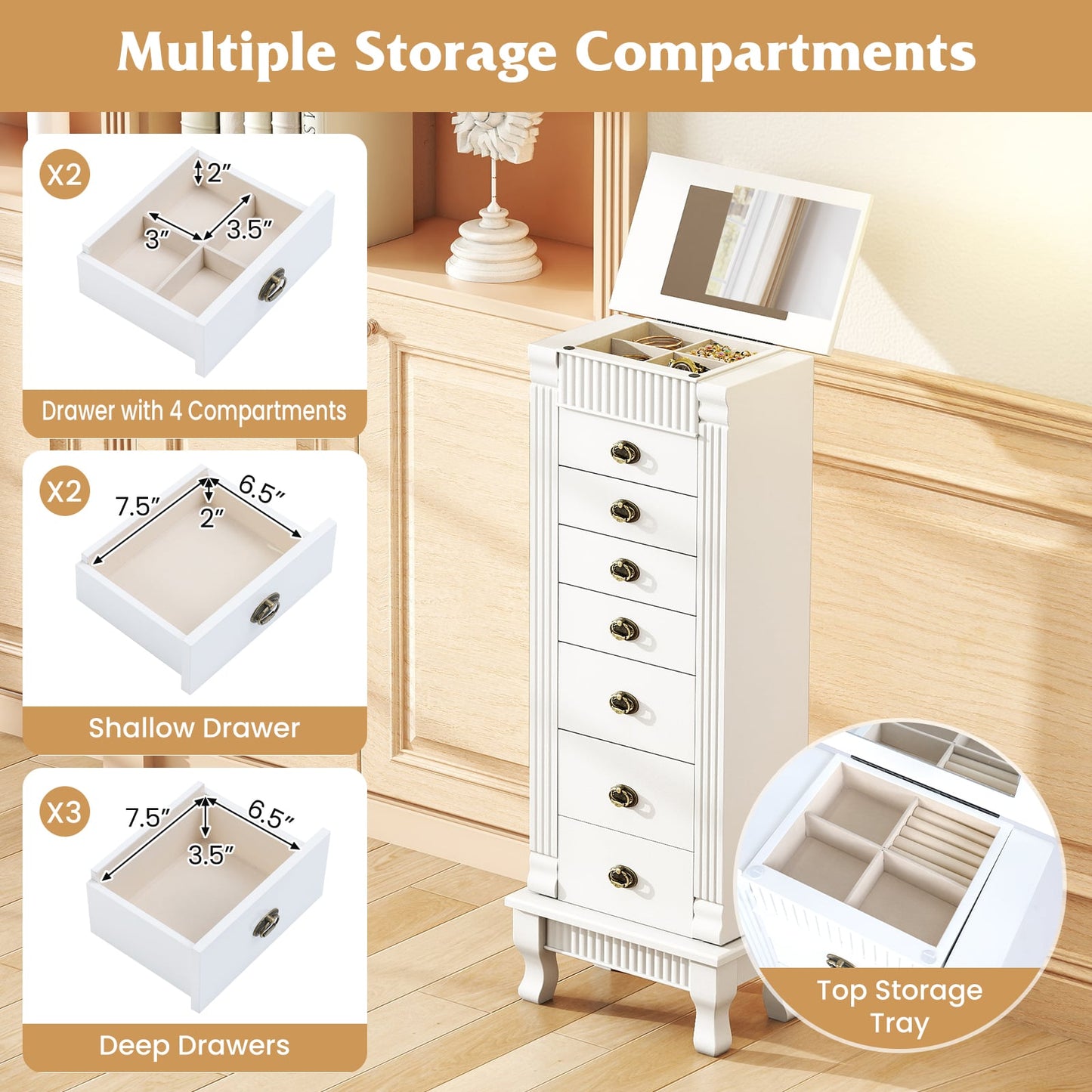 Wooden Jewelry Armoire Cabinet Storage Chest with Drawers and Swing Doors, White