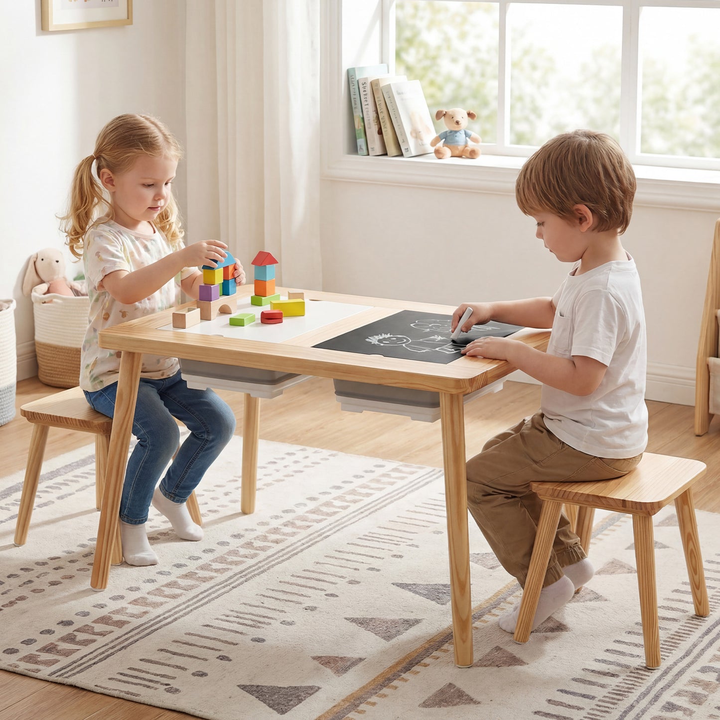 Wooden Kids Activity Table Set with 2 Foldable Storage Bins, Natural Kids Table & Chair Sets at Gallery Canada