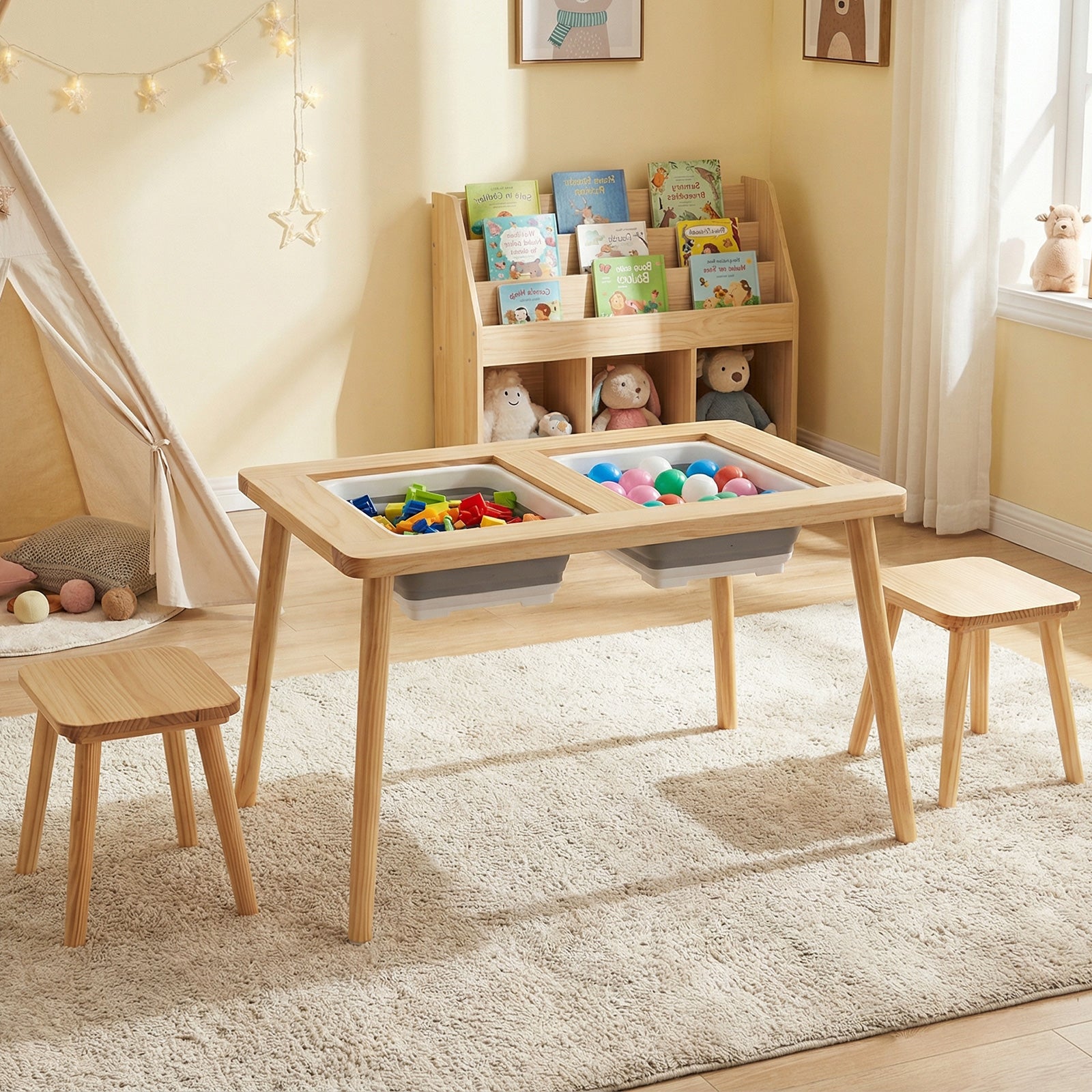 Wooden Kids Activity Table Set with 2 Foldable Storage Bins, Natural Kids Table & Chair Sets at Gallery Canada