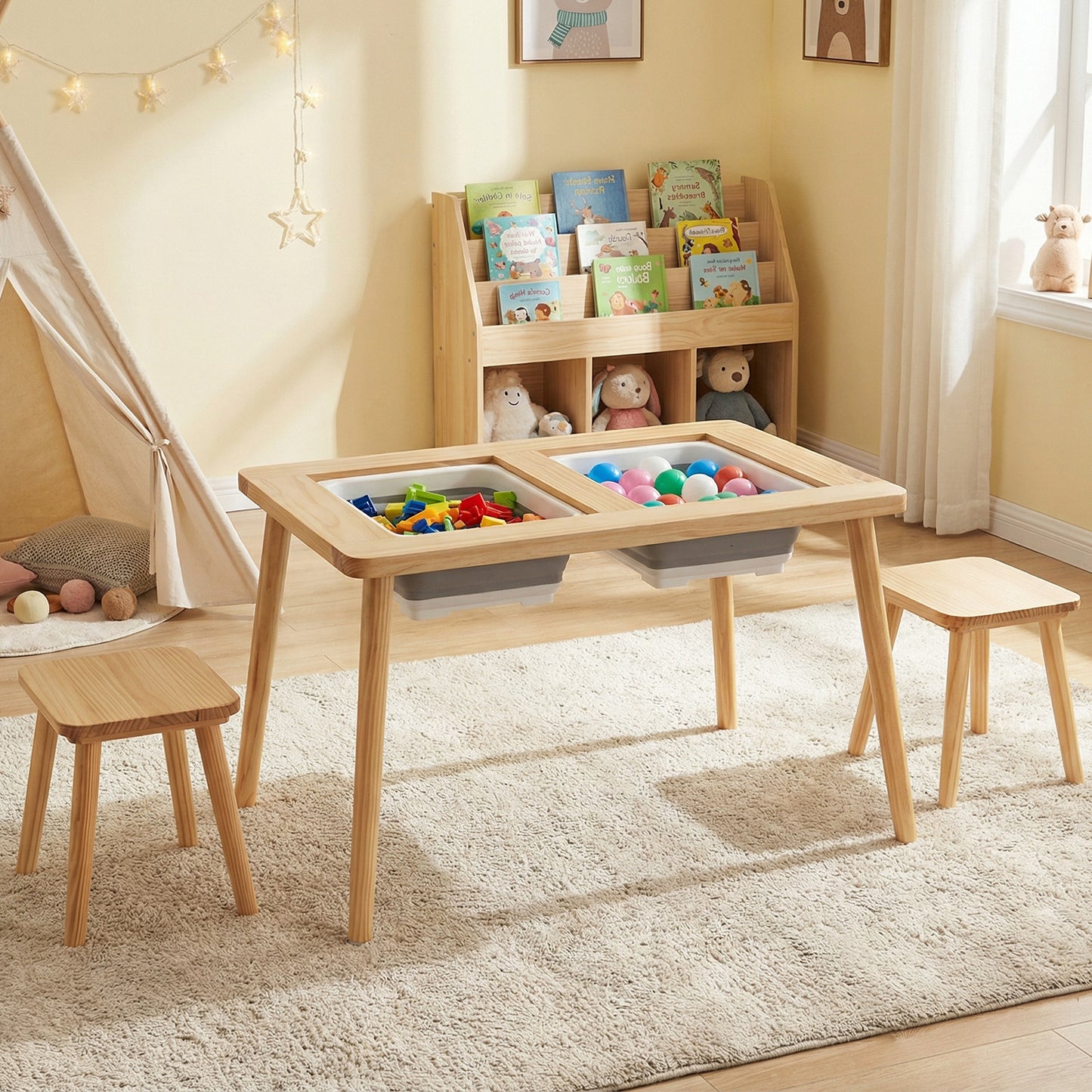 Wooden Kids Activity Table Set with 2 Foldable Storage Bins, Natural Kids Table & Chair Sets at Gallery Canada