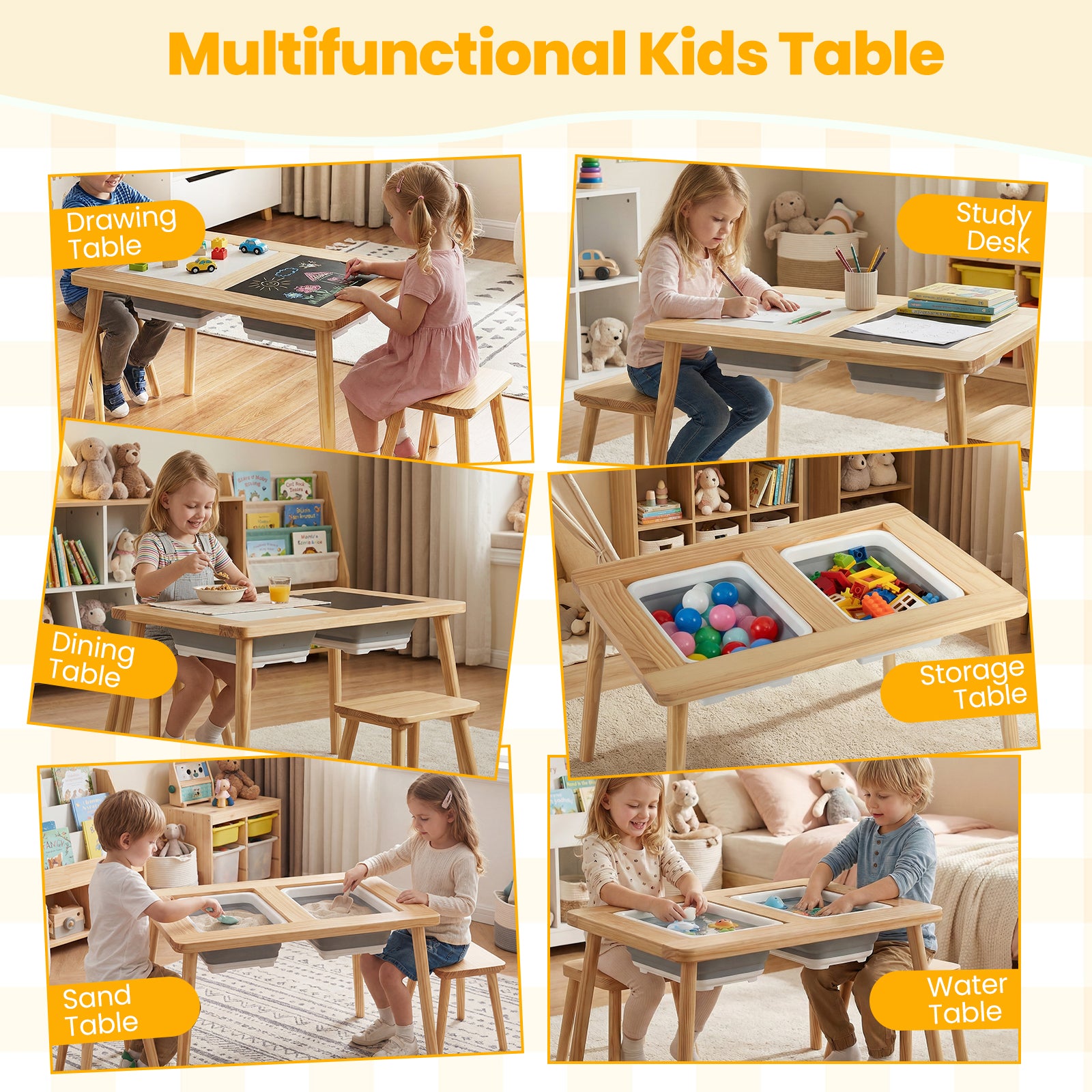 Wooden Kids Activity Table Set with 2 Foldable Storage Bins, Natural Kids Table & Chair Sets at Gallery Canada