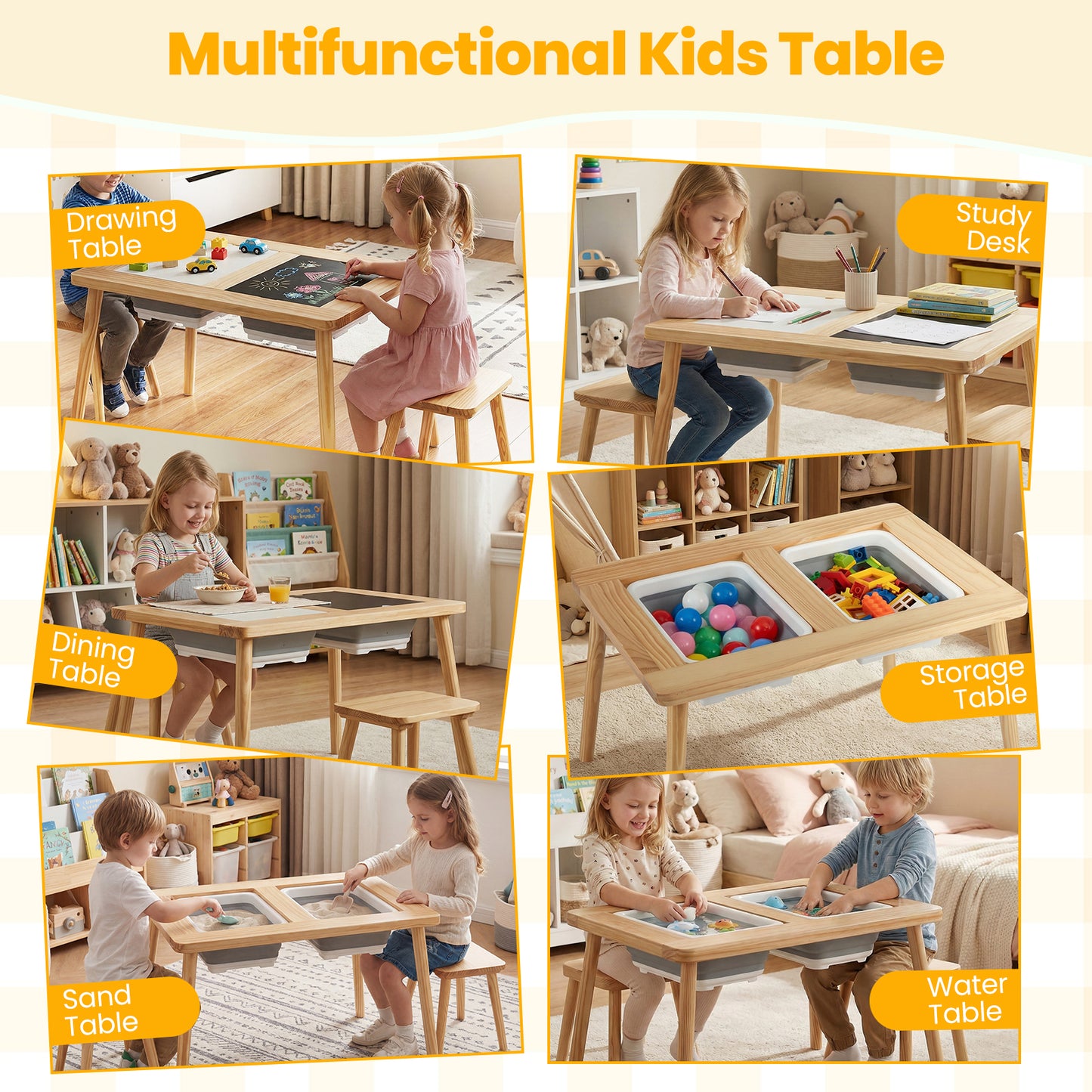 Wooden Kids Activity Table Set with 2 Foldable Storage Bins, Natural Kids Table & Chair Sets at Gallery Canada