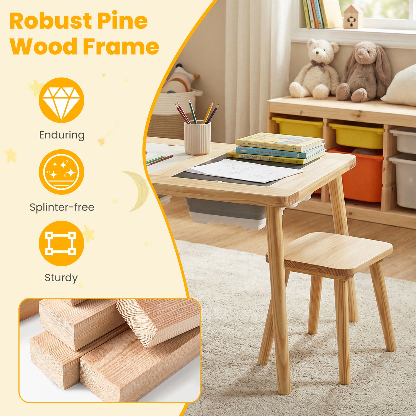 Wooden Kids Activity Table Set with 2 Foldable Storage Bins, Natural Kids Table & Chair Sets at Gallery Canada