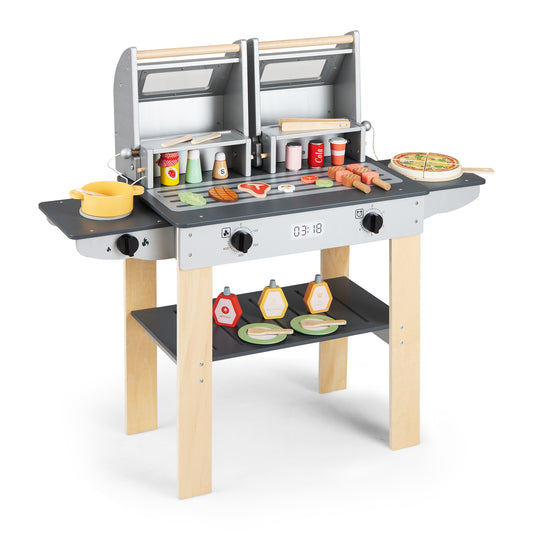 Wooden Kids Barbecue Grill Playset With Tools, Foods, Gray Play Kitchen Sets Gray at Gallery Canada