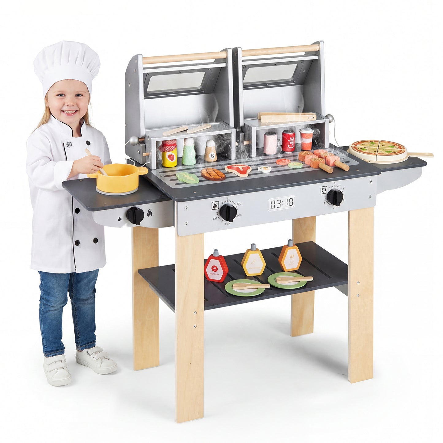Wooden Kids Barbecue Grill Playset With Tools, Foods, Gray Play Kitchen Sets at Gallery Canada