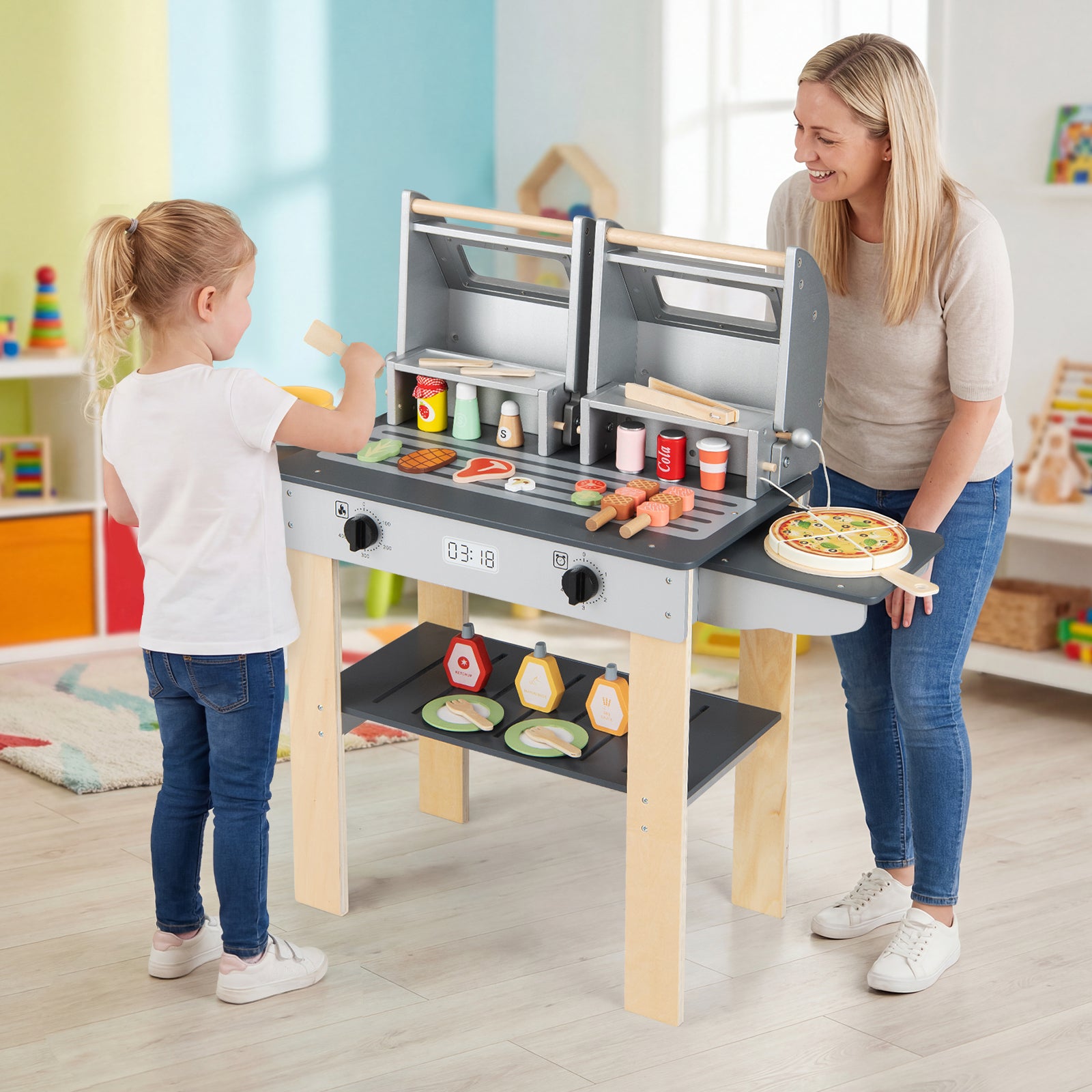 Wooden Kids Barbecue Grill Playset With Tools, Foods, Gray Play Kitchen Sets at Gallery Canada