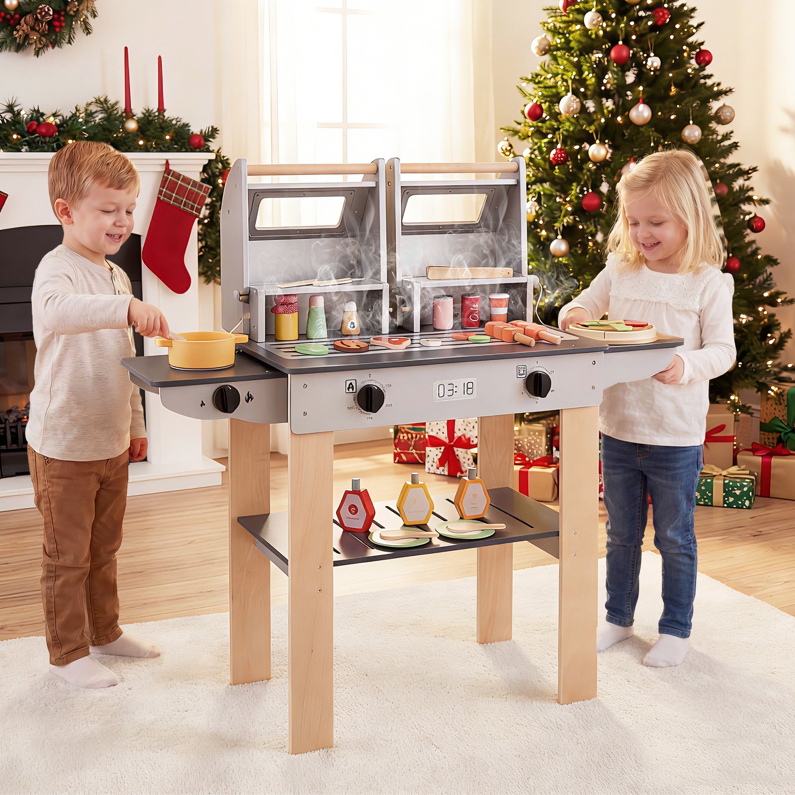 Wooden Kids Barbecue Grill Playset With Tools, Foods, Gray Play Kitchen Sets at Gallery Canada