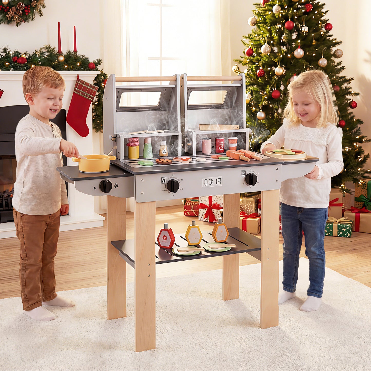 Wooden Kids Barbecue Grill Playset With Tools, Foods, Gray Play Kitchen Sets at Gallery Canada
