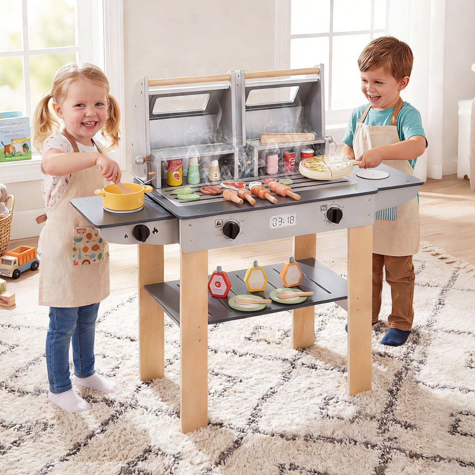 Wooden Kids Barbecue Grill Playset With Tools, Foods, Gray Play Kitchen Sets at Gallery Canada