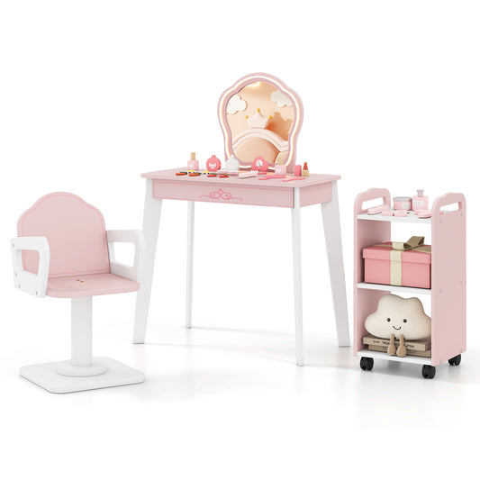 Wooden Kids Hair Salon Play Set, LED Lighted Mirror, Pink Pretend Toys Pink at Gallery Canada